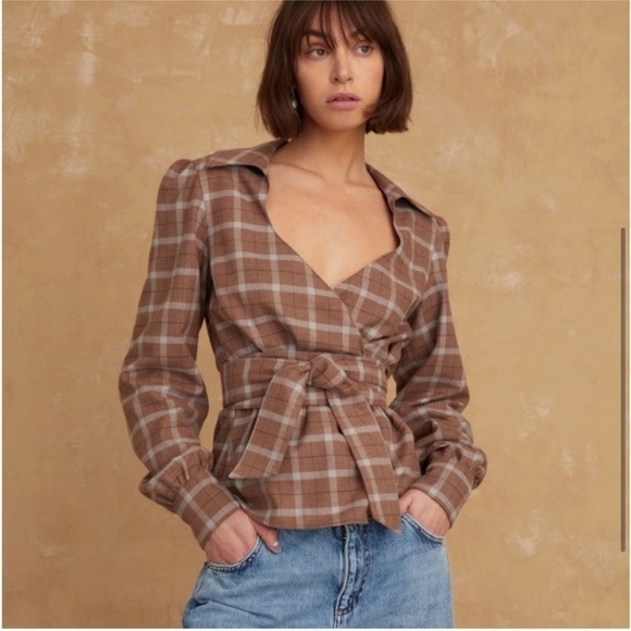 Marissa Webb Mia Lightweight Flannel Wrap Top Revolve Tan Plaid Size Small NWOT - Picture 2 of 11
